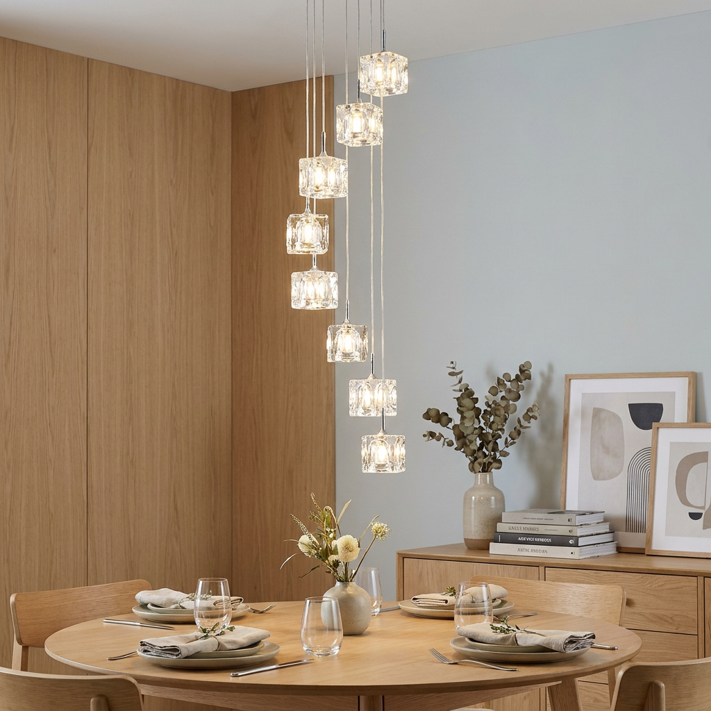 An 8-light ice cube glass pendant cascades over a wooden dining table in a modern, neutral-toned room.
