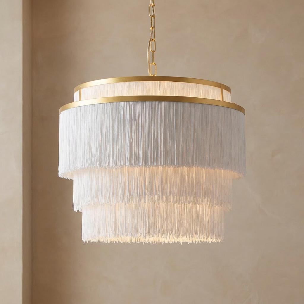 Three-tiered white tassel pendant light with a gold frame and chain, emitting a warm glow against a beige wall.