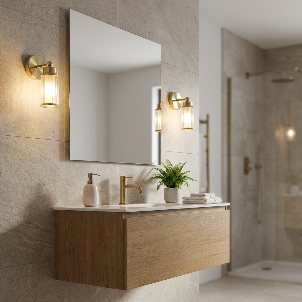 Two brass wall sconces with ribbed glass shades flank a large mirror above a modern floating oak vanity in a bathroom.