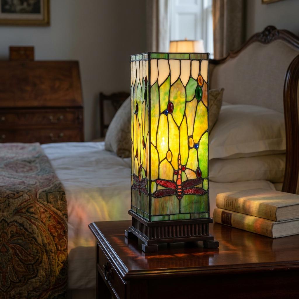 A tall rectangular Tiffany lamp with a dragonfly design, lit on a wooden bedside table in a bedroom setting.
