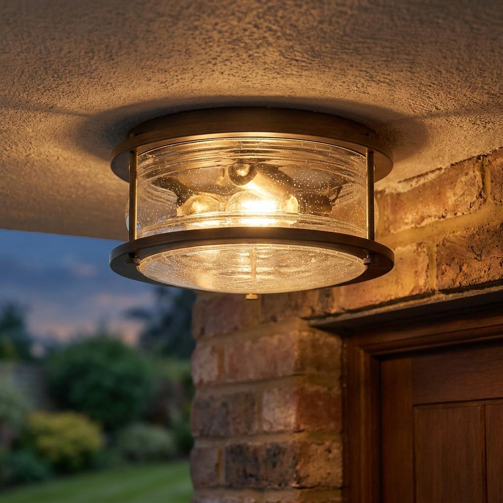 Industrial-style bronze flush mount outdoor ceiling light with seeded glass, lit on a porch at dusk.