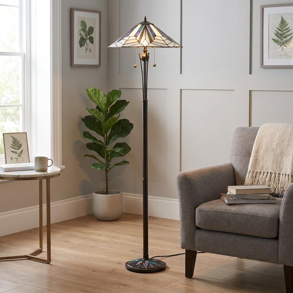 Art Deco Astoria Tiffany floor lamp featuring a geometric stained glass shade in a neutral living room.