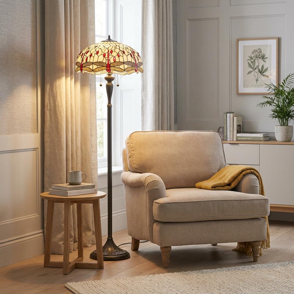 Beige dragonfly Tiffany floor lamp standing beside a comfortable armchair in a warm living room setting.