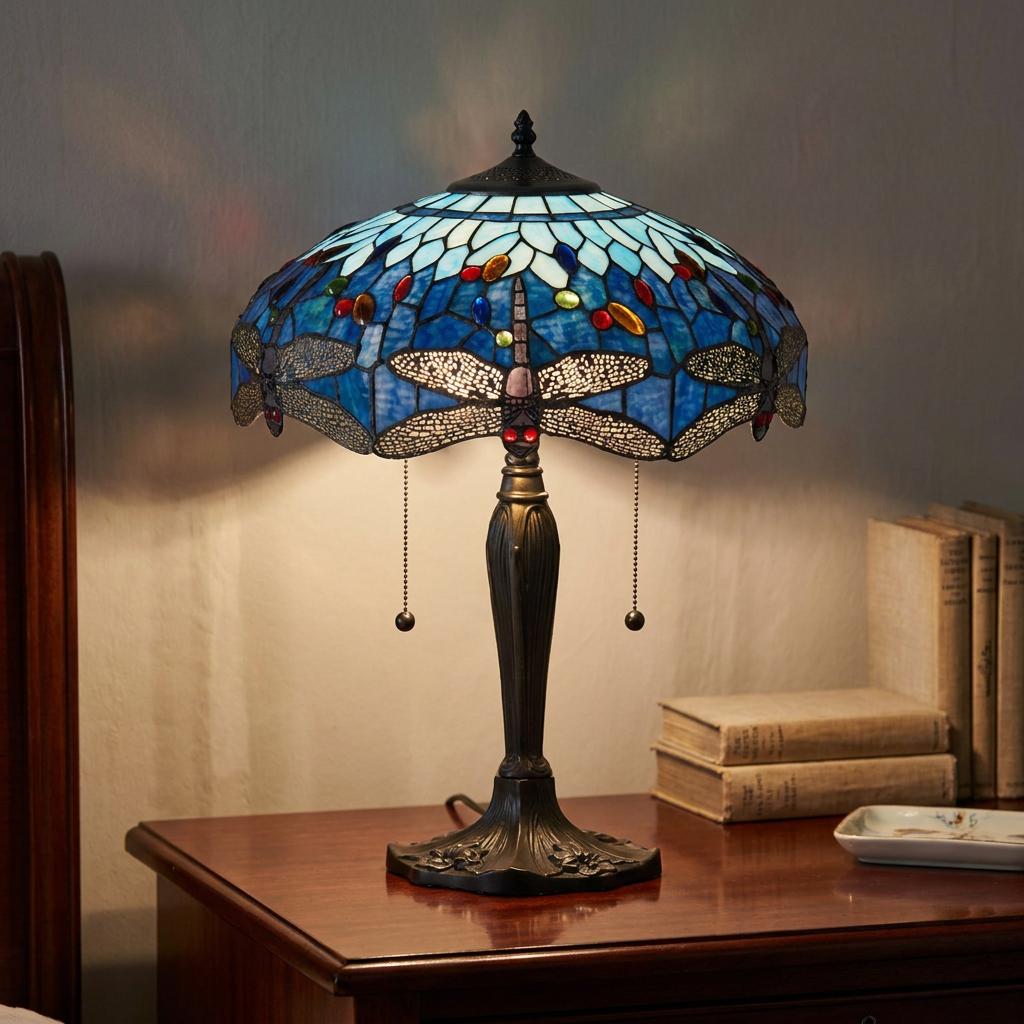 Blue dragonfly Tiffany table lamp with an ornate bronze base glowing on a wooden bedside table.