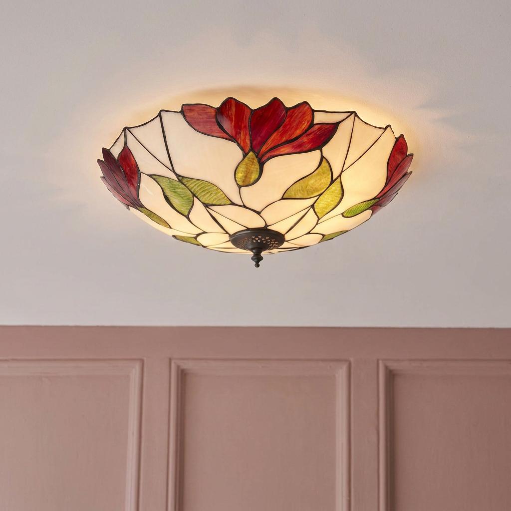 Botanica flush Tiffany ceiling light with red flowers and green leaves on cream glass, mounted on a white ceiling.