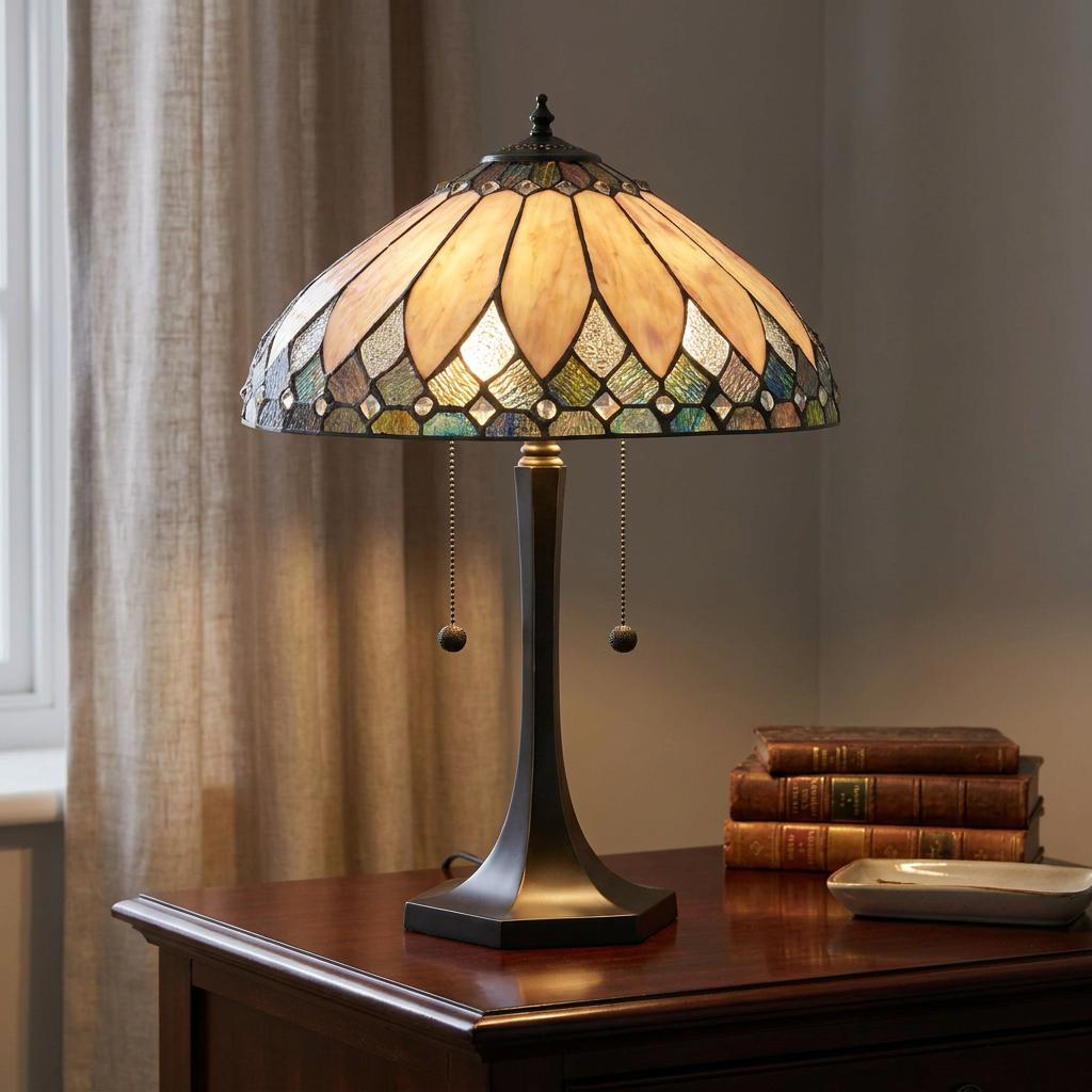 Tiffany table lamp with cream and blue petal-patterned stained glass shade on a wooden desk next to old books.