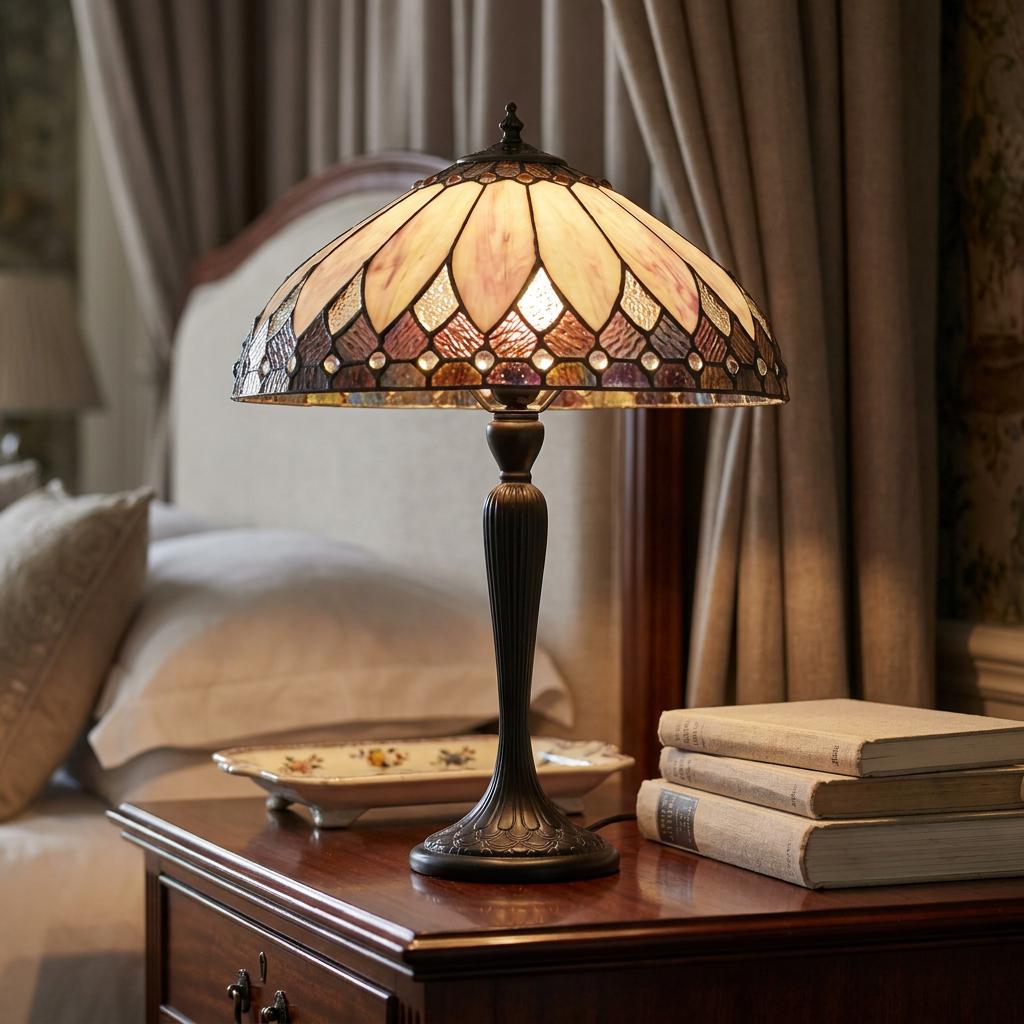 Tiffany table lamp with a decorative stained glass shade on a bedside table beside a stack of books.