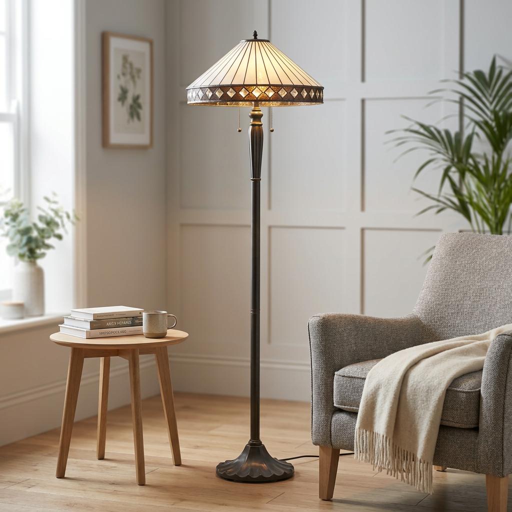 Art Deco Fargo Tiffany floor lamp with a geometric glass shade standing in a living room next to a grey armchair.
