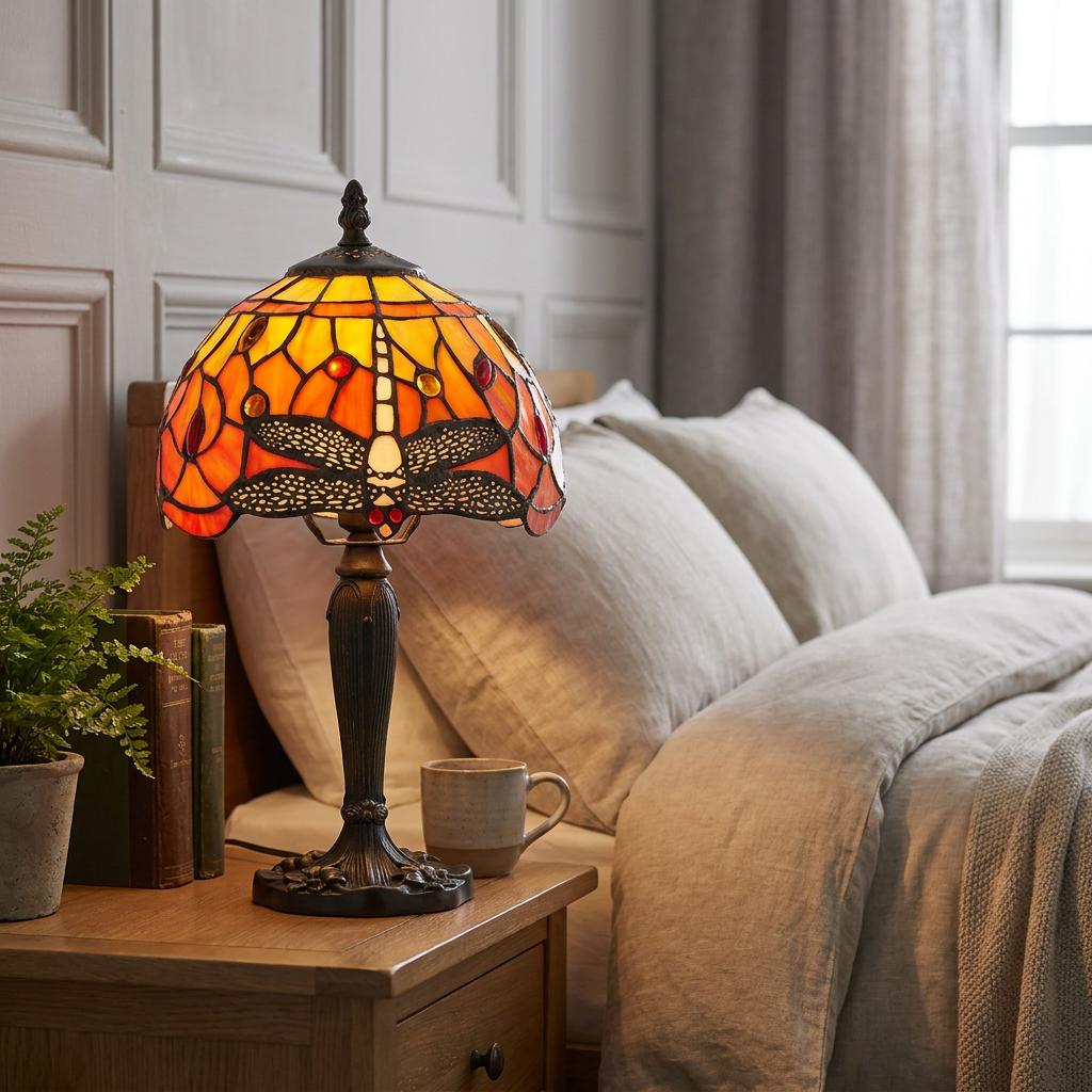 A Tiffany lamp with an orange dragonfly shade glowing on a wooden bedside table in a cozy bedroom.