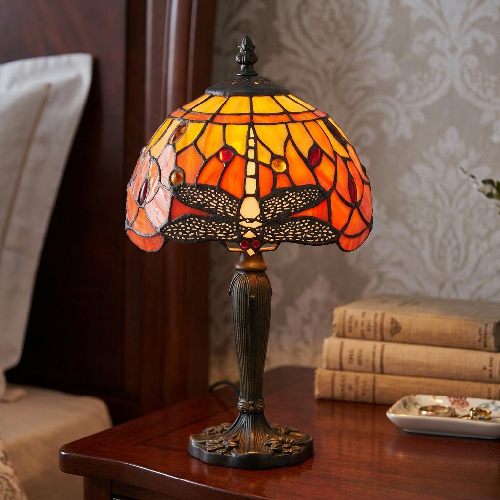 Flame Dragonfly Tiffany lamp with orange stained glass on a wooden bedside table beside old books.