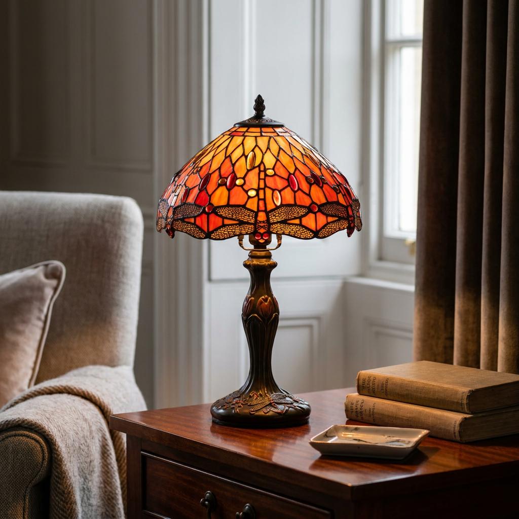Glowing Interiors 1900 Flame Dragonfly Small Tiffany Lamp on a wooden side table next to an armchair.