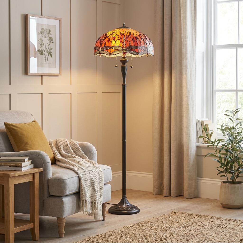 Tiffany floor lamp with a red dragonfly stained glass shade standing in a cosy living room beside a grey armchair.