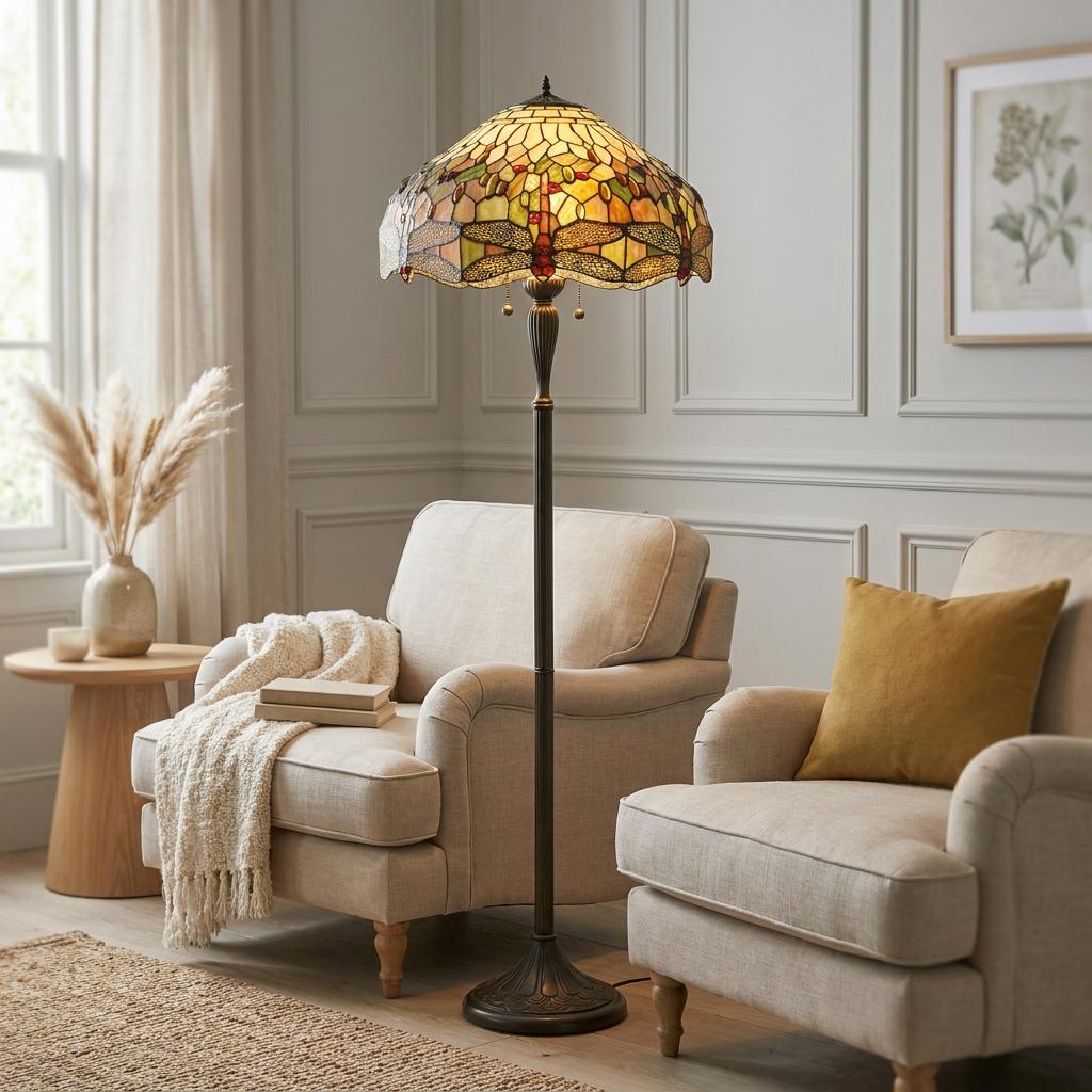 Interiors 1900 green dragonfly Tiffany floor lamp illuminating a living room between two beige armchairs.