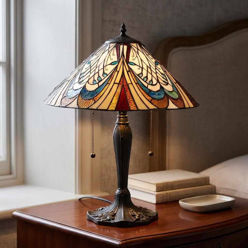 Interiors 1900 Hector Tiffany table lamp with a peacock stained glass shade on a wooden bedside table.