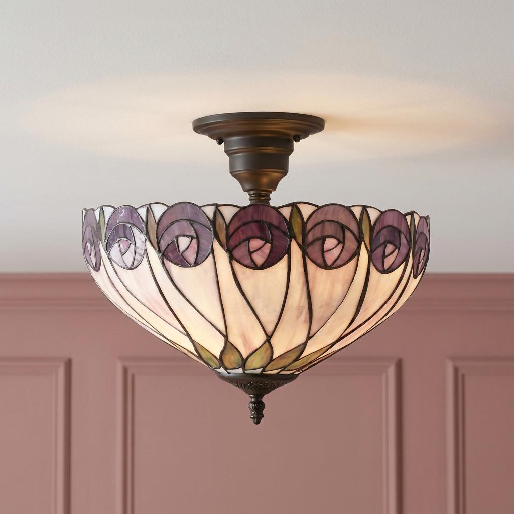 Tiffany style semi-flush ceiling light with a purple rose stained glass shade, mounted against a dusky pink wall.