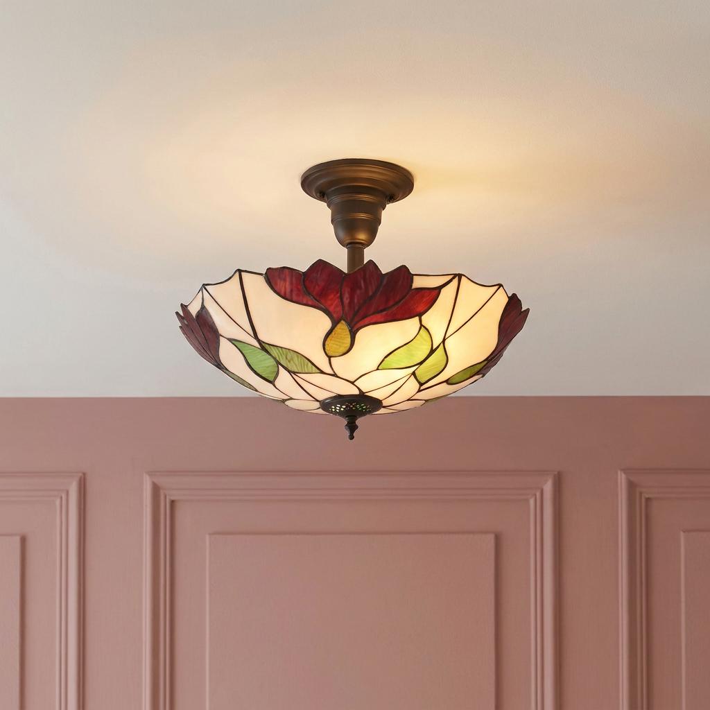Botanica semi-flush Tiffany ceiling light with a red floral stained glass shade.
