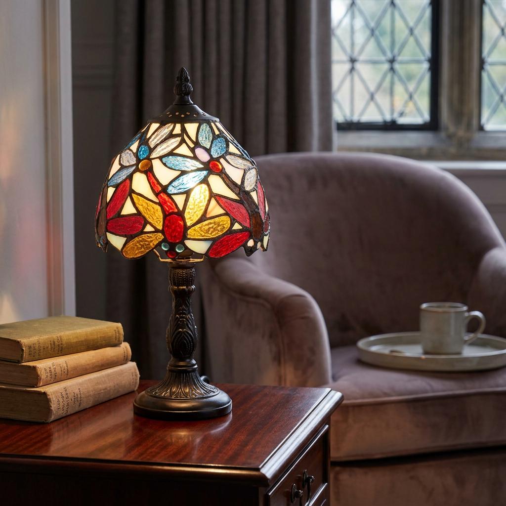 A colorful Tiffany-style bedside lamp with a dragonfly glass shade glowing on a wooden side table next to vintage books.