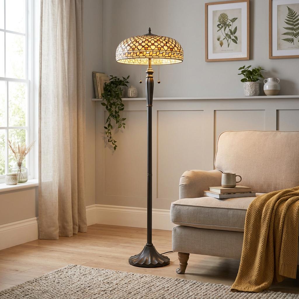 A Tiffany floor lamp with a glowing, patterned shade stands next to a cozy armchair in a neutral living room.
