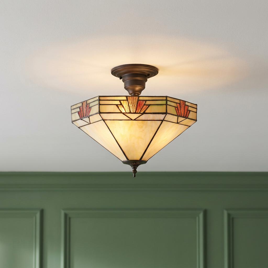 Semi-flush Nevada Tiffany ceiling light with cream and red geometric glass shade, mounted on a white ceiling.