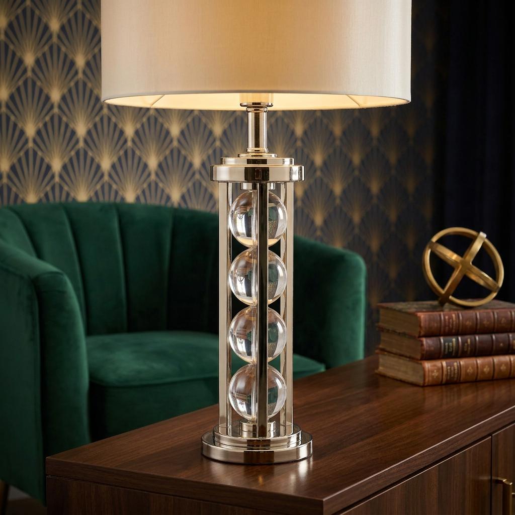Interiors 1900 Newton table lamp featuring stacked glass spheres and a nickel base on a dark wood sideboard.