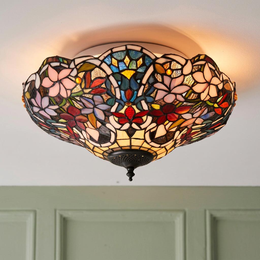 Tiffany-style flush ceiling light with intricate floral stained glass in pink, red, and blue, glowing on a white ceiling.