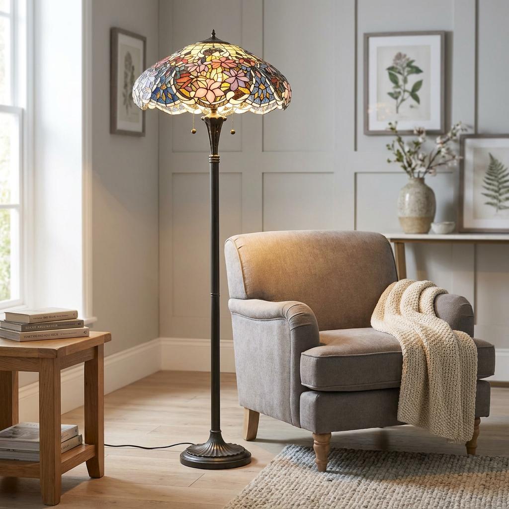 Tiffany floor lamp with a floral stained glass shade illuminating a grey armchair in a stylish living room setting.