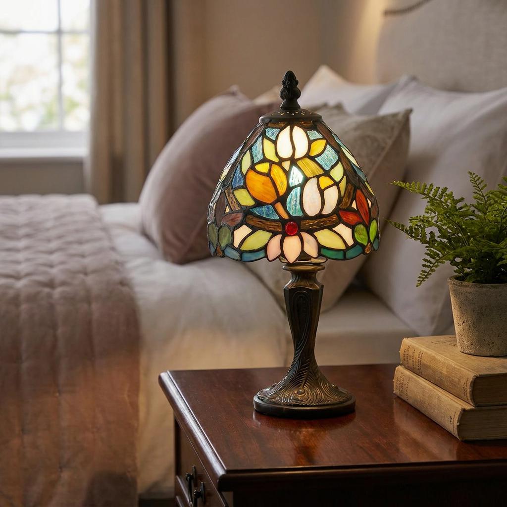 Illuminated floral mini Tiffany lamp on a wooden bedside table in a cozy bedroom setting.