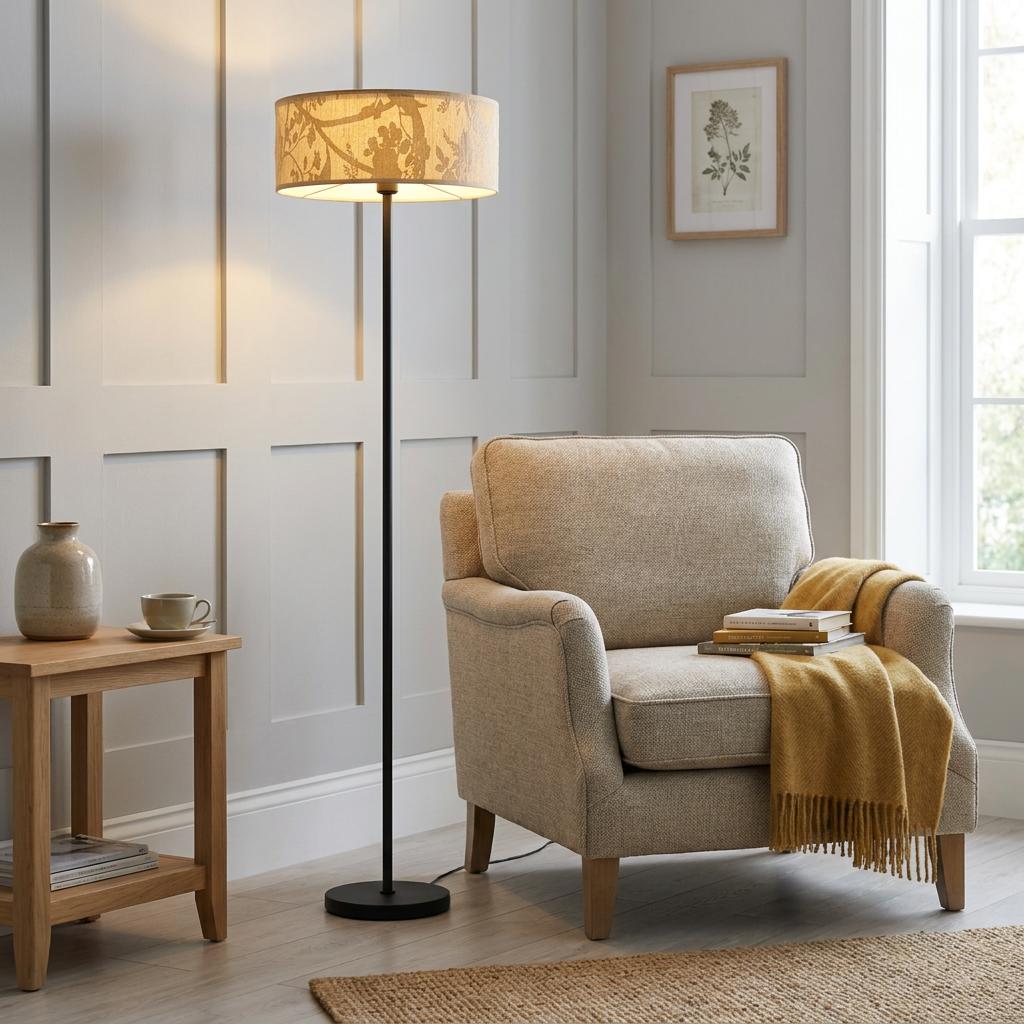 Isla floor lamp with a painted sand recycled paper shade standing next to a grey armchair in a living room.