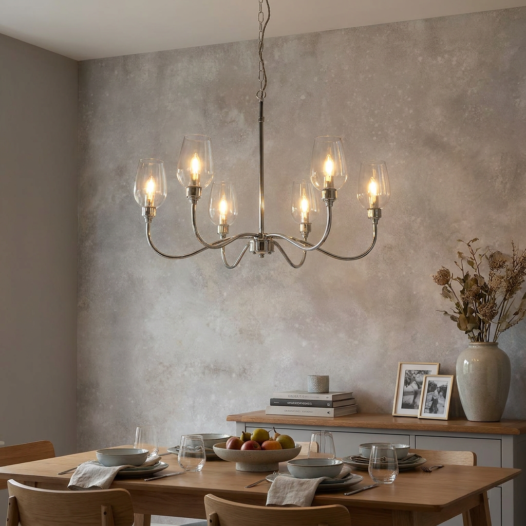 Island 6 light nickel chandelier with glass shades hanging above a set dining table.