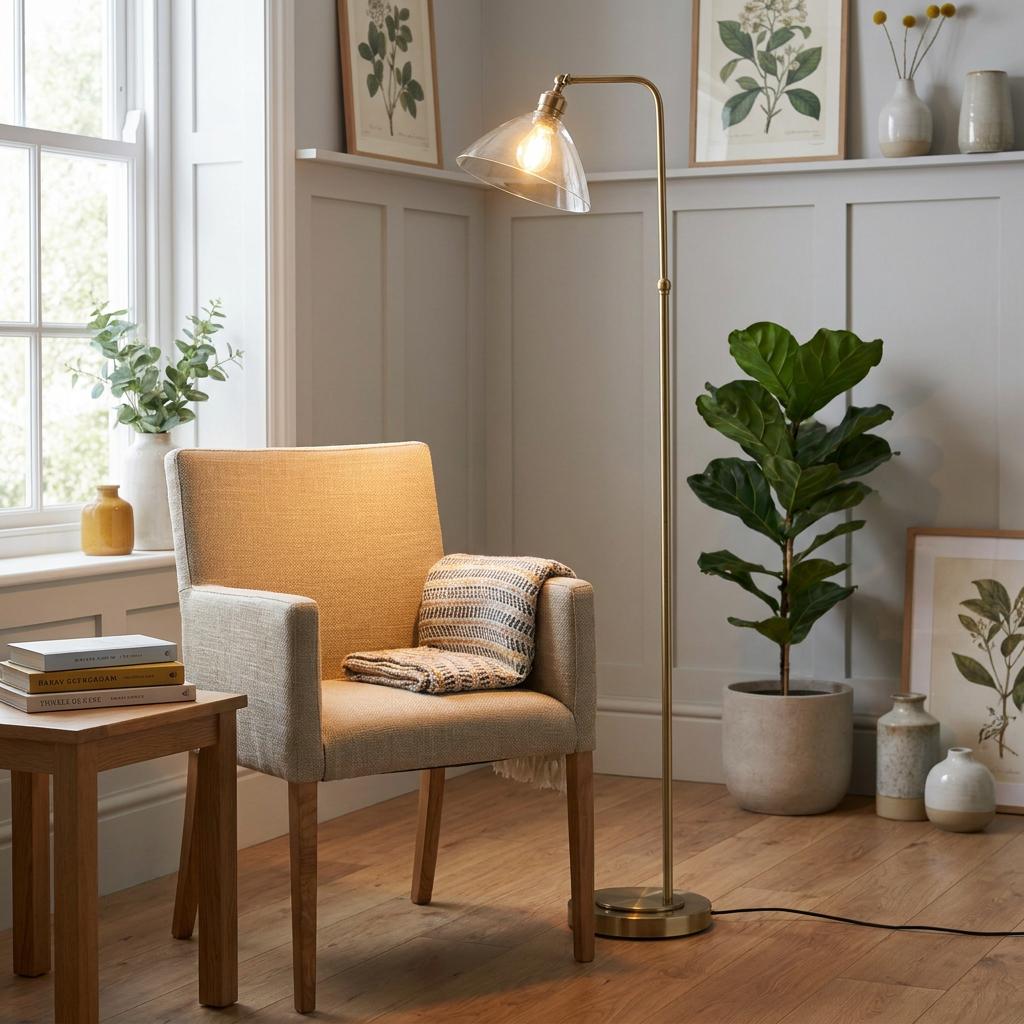 Brass floor lamp with a clear glass cone shade illuminating a cozy reading nook with a beige armchair and houseplant.