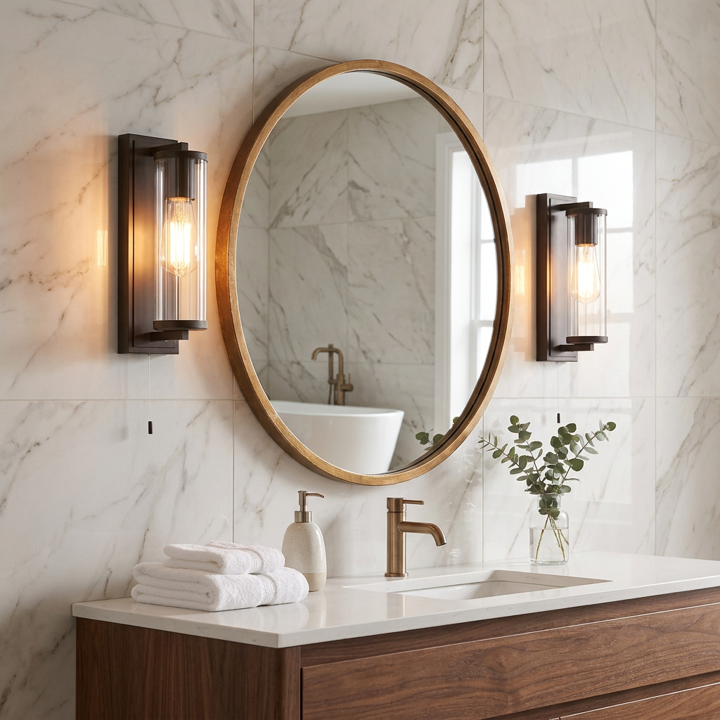 Bronze wall lights with ribbed glass shades flank a round gold mirror in a marble-tiled bathroom.