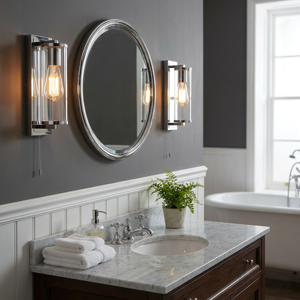 Two Art Deco chrome wall lights with glass shades flanking a round mirror above a marble vanity.
