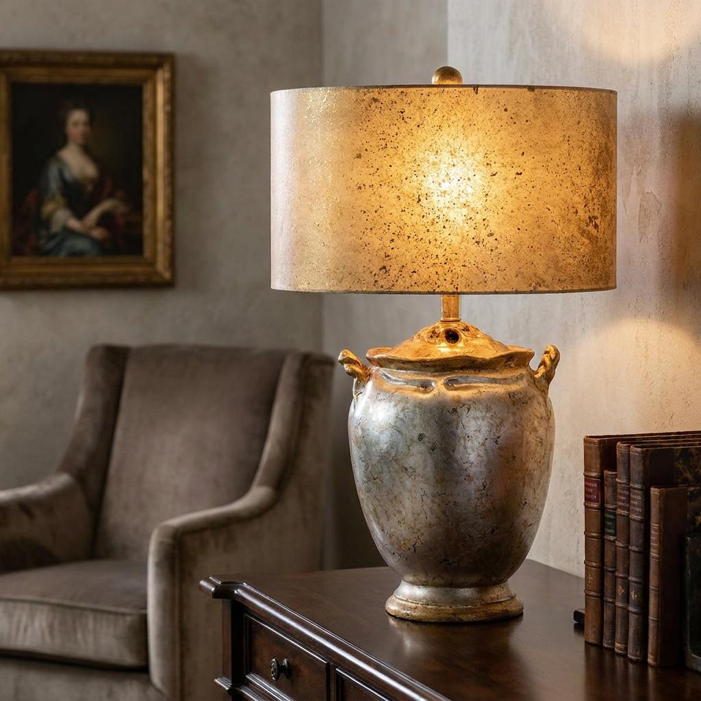 Jackson table lamp with antiqued silver urn base and gold accents, glowing on a wooden desk beside antique books.