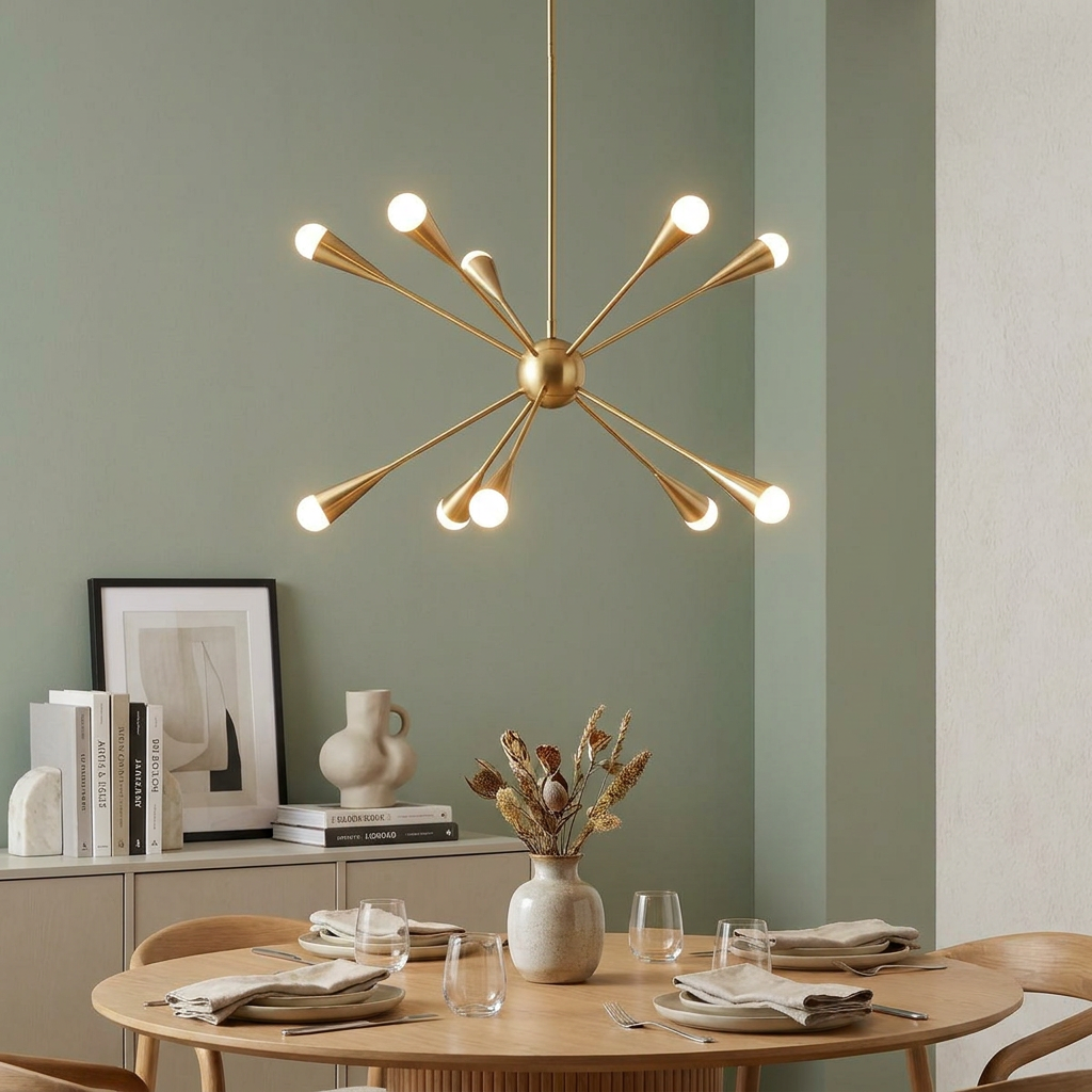 Jax 10 Light Brass Chandelier hanging above a modern dining table in a room with sage green walls.