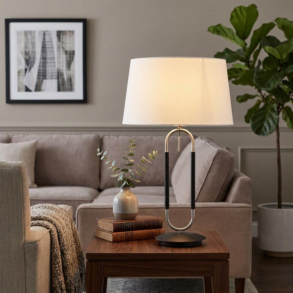 Jazz 1 Light table lamp with silver and black base and white velvet shade on a side table in a lounge setting.