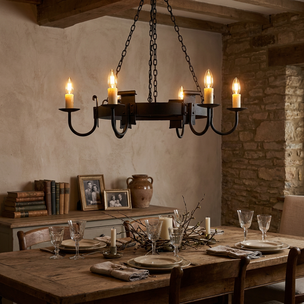 Kansa Chaucer 6-arm wrought iron chandelier hanging over a rustic wooden dining table in a room with a stone wall.