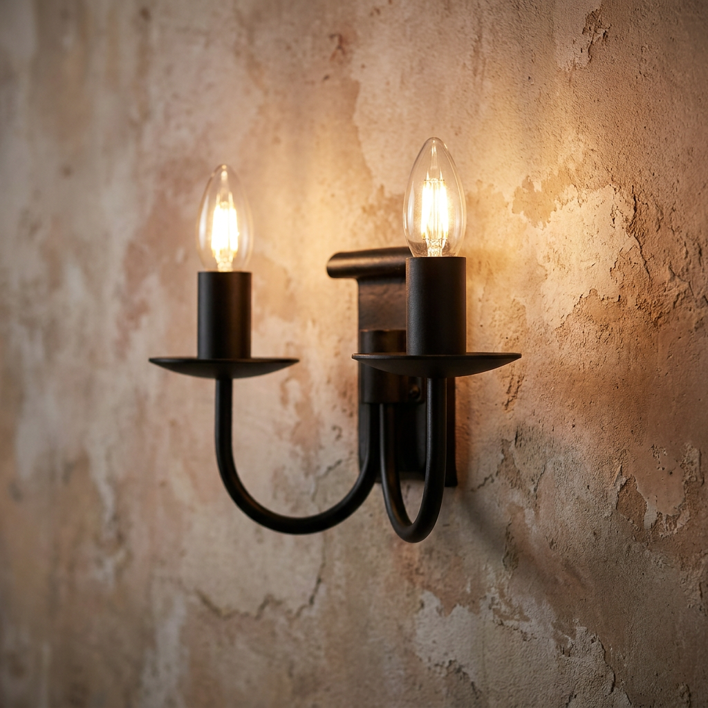Double black wrought iron candle wall light with lit bulbs on a rustic distressed wall.