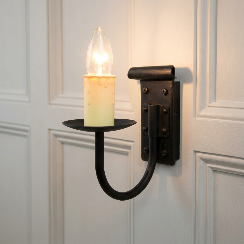 Black wrought iron candle-style wall light with a wax-effect sleeve mounted on a white paneled wall.