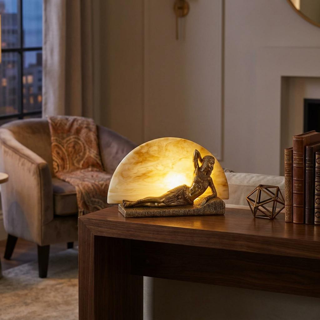 Distressed brass Art Deco reclining figure statuette lamp with a glowing amber backplate on a wooden table.