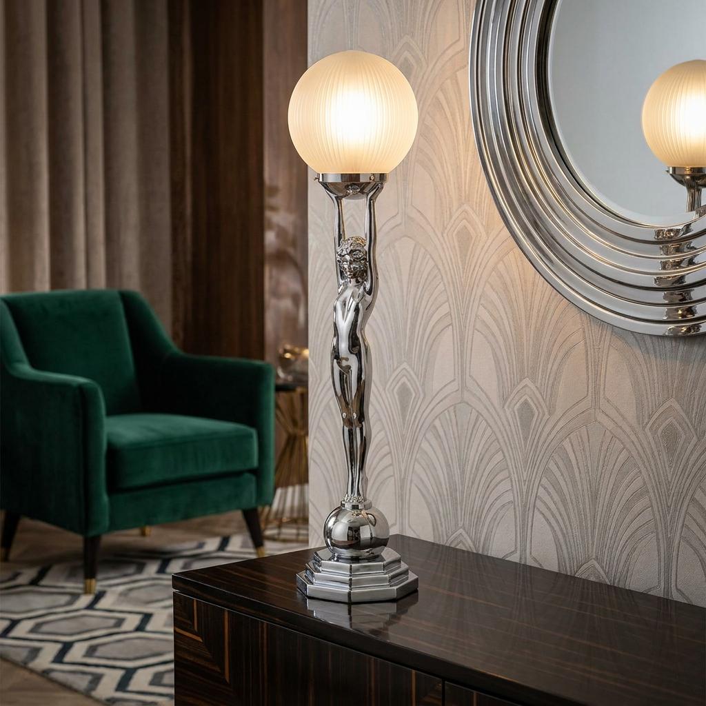 Art Deco chrome table lamp with a lady statuette holding a glowing frosted globe on a dark wood sideboard.