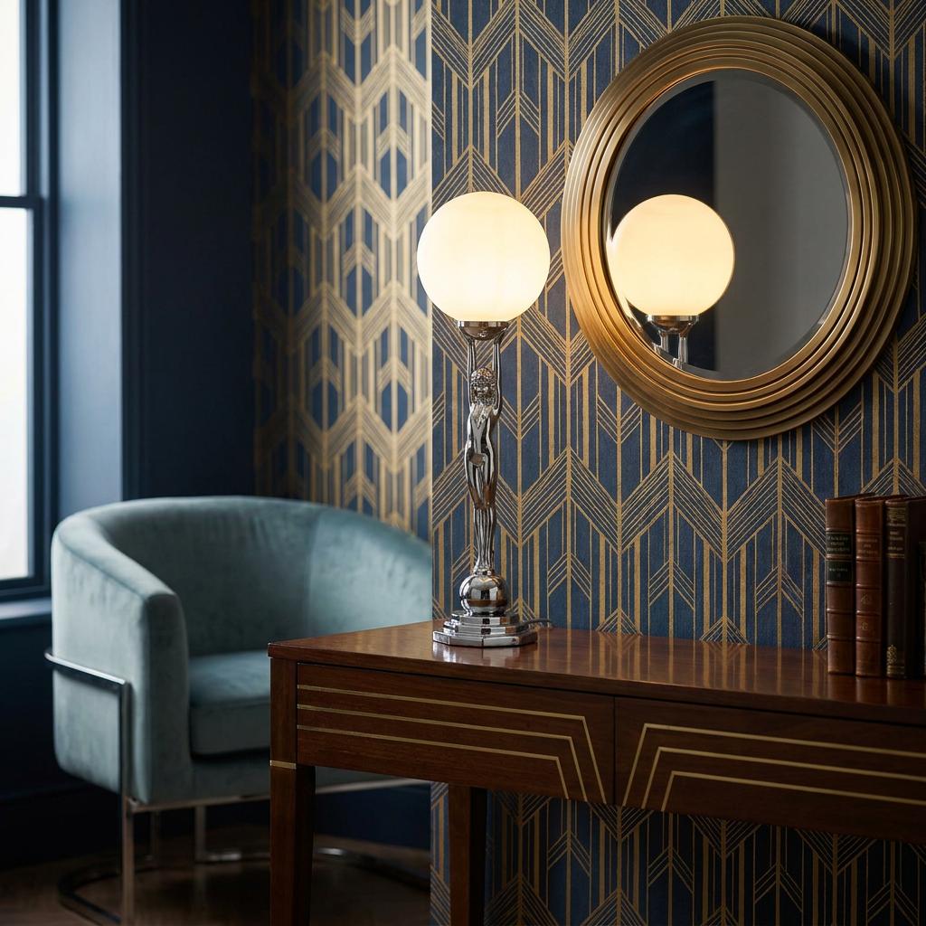 Chrome Art Deco lady statuette table lamp with a glowing white globe on a wooden console table.