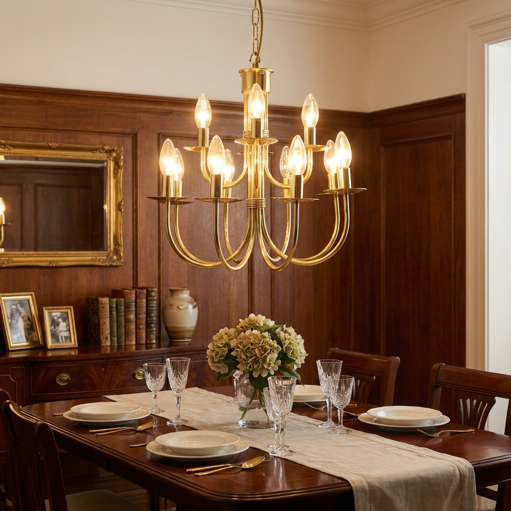 A polished brass twelve-light chandelier hanging above a set dining table in a wood-paneled room.