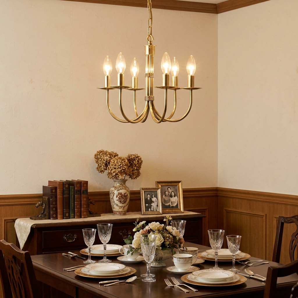 Polished brass 6-light chandelier hanging above an elegantly set dining table in a traditional room.