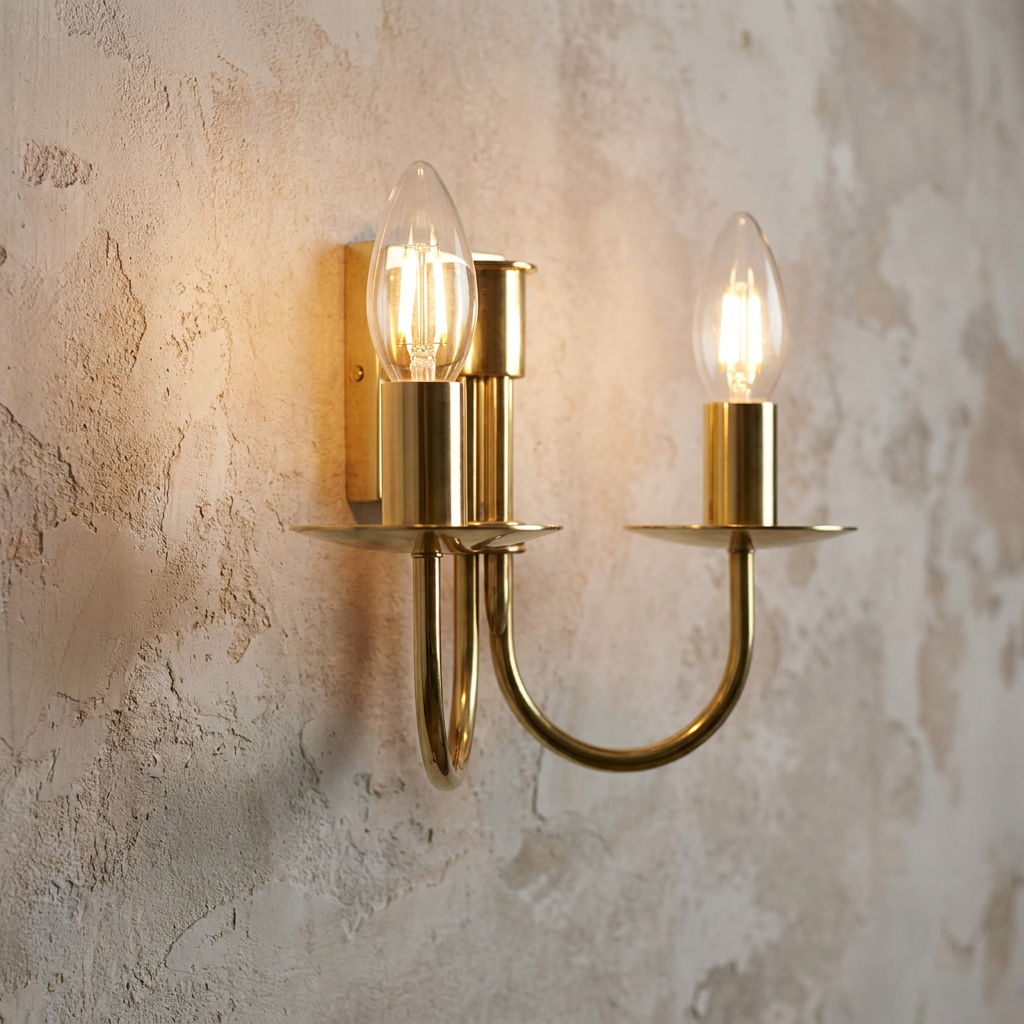 Polished brass double wall light with glowing candle-style bulbs on a rustic plaster wall.