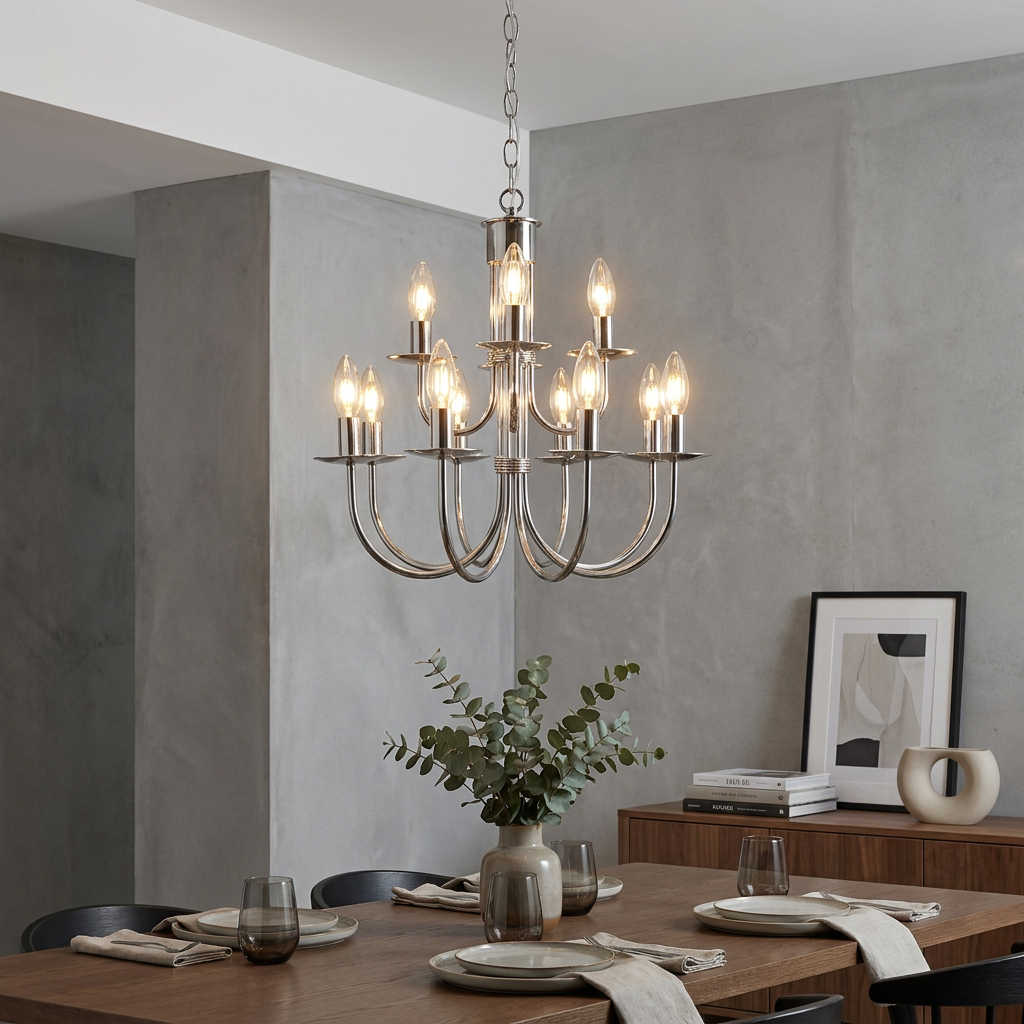 Kansa Malmo 12-light stainless steel chandelier with elegant curved arms over a modern dining table.
