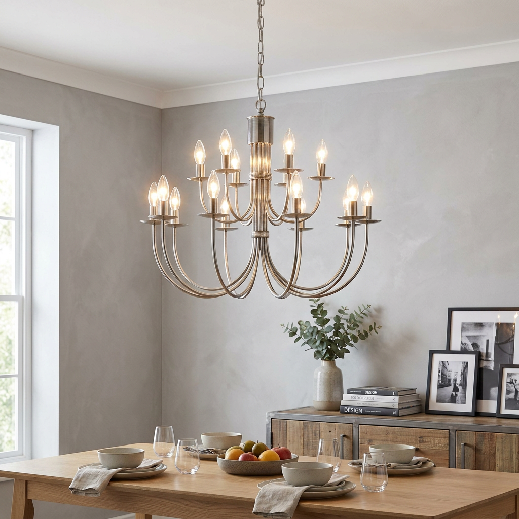 Elegant Kansa Malmo stainless steel 18-light chandelier with tiered curved arms over a dining room table.