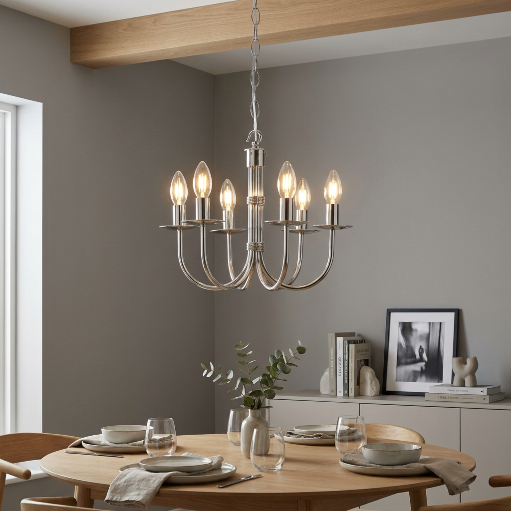 Modern stainless steel 6-light chandelier with curved arms hanging over a wooden dining table.