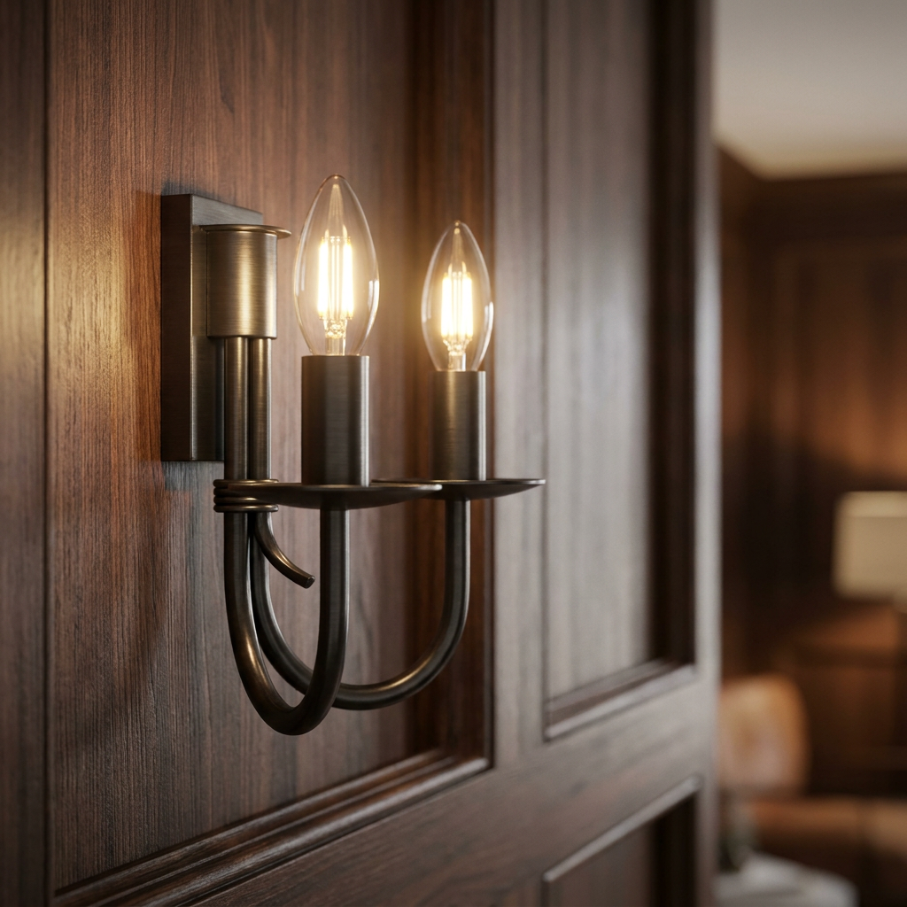 Two-light bronze wall sconce with glowing candle bulbs mounted on dark wood paneling.