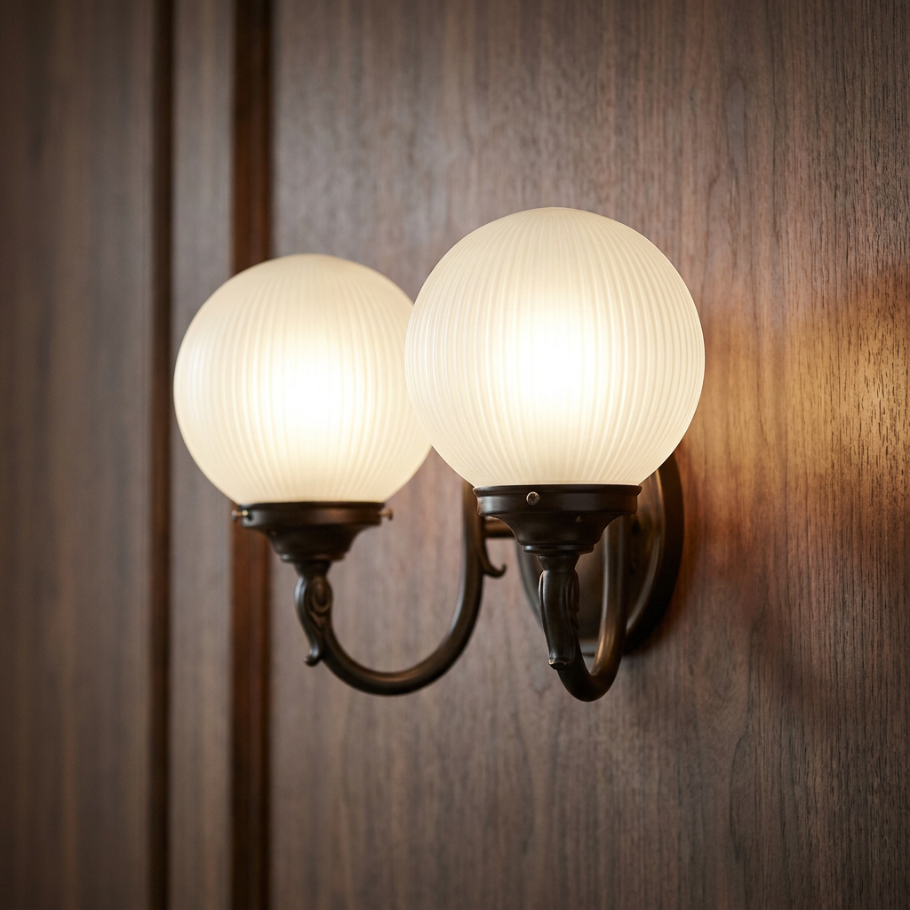 Two glowing ribbed glass globe shades on a bronze double wall light fixture mounted to dark wood paneling.