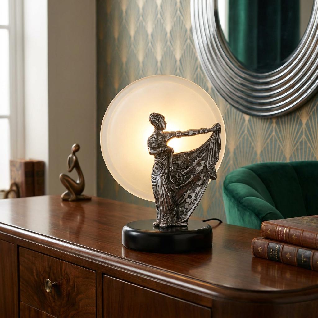 Art Deco table lamp with female statuette silhouetted against a glowing frosted disk on a wooden sideboard.